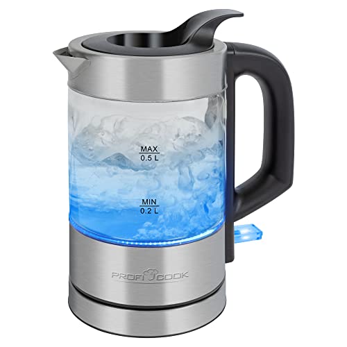 ProfiCook Wasserkocher Glas Edelstahl mit LED Beleuchtung | hitzebeständiger Glaswasserkocher Edelstahl mit Einhandbedienung | mit Wasserstandanzeige | 0,5 Liter Teekocher | 1100 Watt | PC-WKS 1228 von Profi Cook