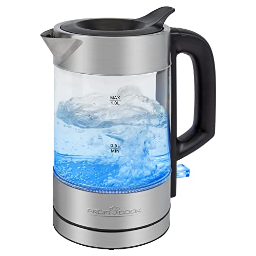 ProfiCook Wasserkocher Glas Edelstahl mit LED Beleuchtung | hitzebeständiger Glaswasserkocher Edelstahl mit Einhandbedienung | mit Wasserstandanzeige | 1 Liter Teekocher | 1600 Watt | PC-WKS 1229 von Profi Cook