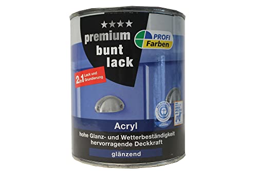Profi Farben Premium Buntlack 2in1 Lack und Grundierung Acryl glänzend 0,75 L Farbwahl, Farbe (RAL):RAL 5010 Enzianblau von ProfiFarben