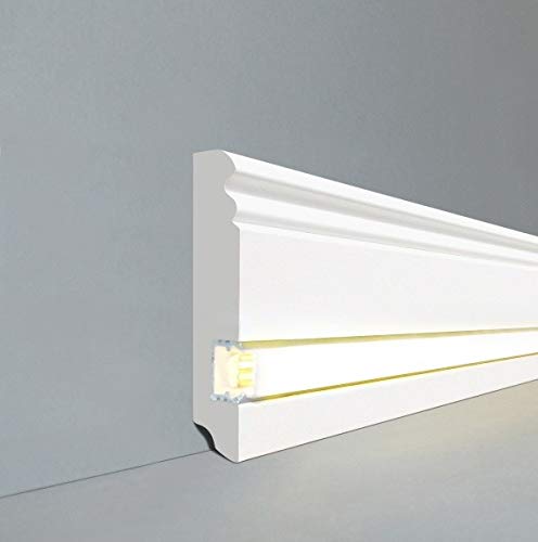 LEDLicht Fuß- u. SockelleistenWiesbaden Berliner Profil 96 x 19 mm MDF foliert 719.096L | LED Sockelleiste | Lichtleiste | Profisockelleisten |Inklusive weißer Abdeckung| Weiß von Profisockelleisten
