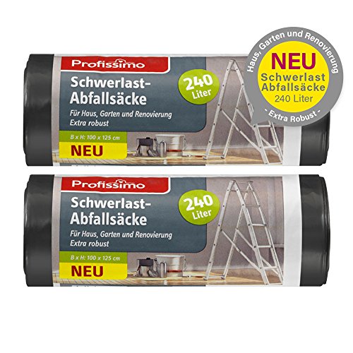 Schwerlast Abfallsäcke - Extra Robust - 240 Liter - 10 Stück - 2er Pack (2 x 5 Stück) - Für Haushalt, Garten und Renovierung - Mit besonders großer Einfüllöffnung von Profissimo