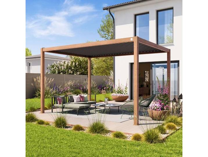 3x4m Pergola in Holzoptik; mit Lamellendach in Perlgrau - (400109) von Profizelt24