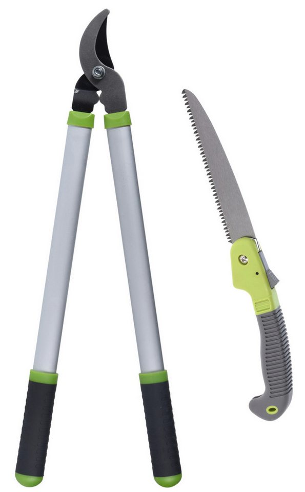 Progarden Gartenschere Astschere Gartensäge Set Gartenarbeit Silberfarbend, (Set, 2-tlg., Heckenschere + Gartensäge), 2er Set, Schere, Säge, Langer Griff, Klappbar von Progarden