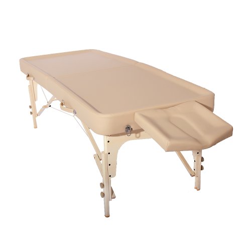 Mobile Ayurveda Profi Massageliege aus Holz - 202 cm x 81 cm - 2 Zonen - Klappbar - mit Kopfpolster, Tasche etc. - leicht zu reinigen - höchste Qualität - Perfekt für Ölmassage (Beige) von Promafit