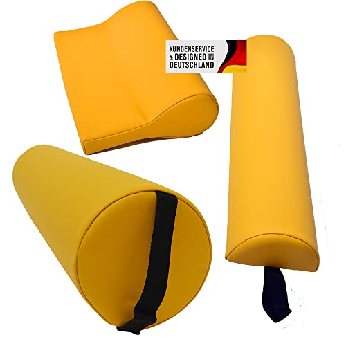 Promafit Massagezubehör Set 3 bestehend aus 1x Vollrolle Knierolle mit Griff 1x Lagerungsrolle Halbrolle und 1x Nackenkissen Kopfstütze für die Massageliege wasserabweisend (Gelb) von Promafit