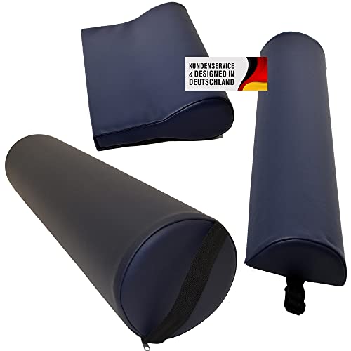 Promafit Massagezubehör Set 3 bestehend aus 1x Vollrolle Knierolle mit Griff 1x Lagerungsrolle Halbrolle und 1x Nackenkissen Kopfstütze für die Massageliege wasserabweisend (Marineblau) von Promafit