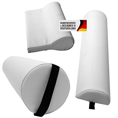 Promafit Massagezubehör Set 3 bestehend aus 1x Vollrolle Knierolle mit Griff 1x Lagerungsrolle Halbrolle und 1x Nackenkissen Kopfstütze für die Massageliege wasserabweisend (Weiß) von Promafit