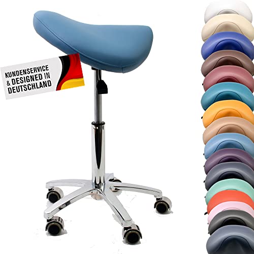 Promafit Sattelhocker/Sattelstuhl mit Gummirollen für alle Böden und Metallfuß - ergonomisch - stufenlos höhenverstellbar - viele Farben - 360° drehbar (Himmelblau, Ohne Fußring) von Promafit