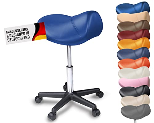 Sattelhocker/Sattelstuhl mit PU Rollen für alle Böden - ergonomisch - stufenlos höhenverstellbar - viele Farben - 360° drehbar - Arbeitshocker - Praxishocker - Kein Werkzeug notwendig Blau von Promafit