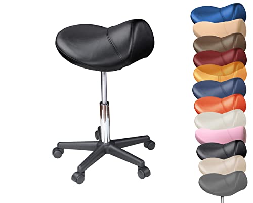 Sattelhocker mit Rollen Sattelstuhl ergonomisch - Rollhocker Drehhocker Arbeitshocker Bürostuhl mit Sattelsitz - Hocker höhenverstellbar in vielen Farben - vorbeugend gegen Rückenschmerzen (Schwarz) von Promafit
