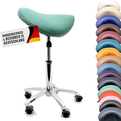 Promafit Sattelhocker/Sattelstuhl mit Gummirollen für alle Böden und Metallfuß - ergonomisch - stufenlos höhenverstellbar - viele Farben - 360° drehbar (Mintgrün, Ohne Fußring) von Promafit