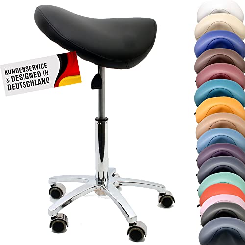 Promafit Sattelhocker/Sattelstuhl mit Gummirollen für alle Böden und Metallfuß - ergonomisch - stufenlos höhenverstellbar - viele Farben - 360° drehbar (Schwarz, Ohne Fußring) von Promafit