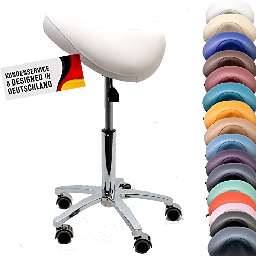 Promafit Sattelhocker/Sattelstuhl mit Gummirollen für alle Böden und Metallfuß - ergonomisch - stufenlos höhenverstellbar - viele Farben - 360° drehbar (Weiß, Ohne Fußring) von Promafit