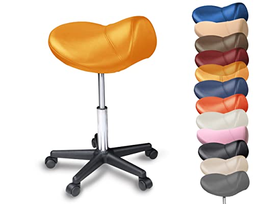 Promafit Sattelhocker/Sattelstuhl mit PU Rollen für alle Böden - ergonomisch - stufenlos höhenverstellbar - viele Farben - 360° drehbar - Arbeitshocker - Praxishocker - Kein Werkzeug notwendig (Gelb) von Promafit