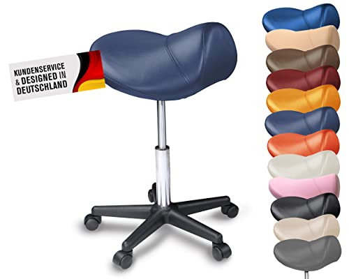 Sattelhocker / Sattelstuhl mit PU Rollen für alle Böden - ergonomisch - stufenlos höhenverstellbar - viele Farben - 360° drehbar - Arbeitshocker - Praxishocker - Kein Werkzeug notwendig (Marineblau) von Promafit