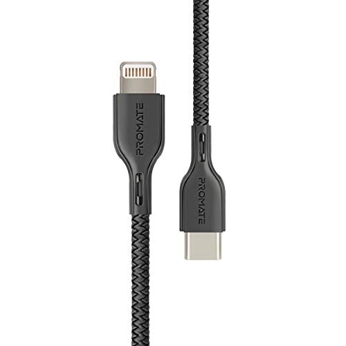 Promate MFi Certified Lightning to USB-C Cable, Fast Charging Syncing Cord with 3A Power Output and Anti-Tangle 1.2m Cable for iPhone, iPad Pro, iPod, MacBook Pro, PowerLink, Black von Promate