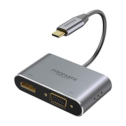 Promate MediaHub-C2, High Definition Aluminium USB-C zu VGA HDMI Konverter 4K Ultra HD Adapter mit 1080 VGA und Dual Screen Display Unterstützung von Promate
