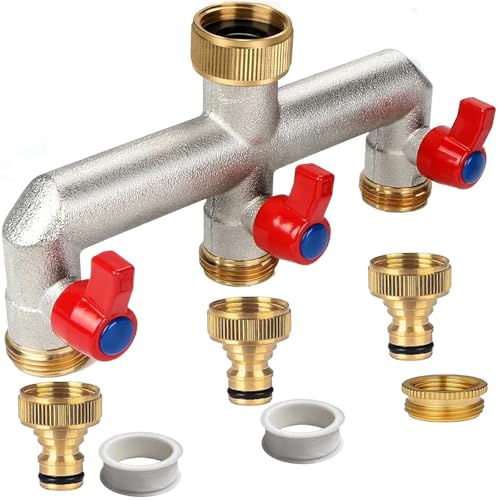 3-Wege Wasserhahn Wasserverteiler, Messing Wasseranschluss Verteiler Gartenschlauch, 3er verteiler 3/4" Adapter 1/2", mit 3 Verlängerungsgriffen, zum Einstellen Absperren des Wasserflusses(3-way-red) von Promaxstar
