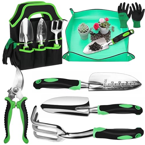 Gartenwerkzeug-Set, 7teiliges Garten-Handwerkzeug-Set Leichtgewichtiges Aluminium-Alloy-Rostschutz-Geschenkset mit strapazierbarem Aufbewahrungsbeutel und ergonomischem Anti-Rutsch-Griff (Grün) von Promaxstar