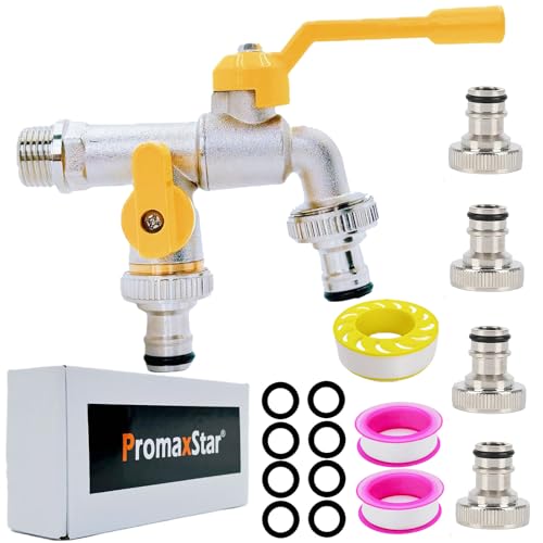 Messing Doppel Garten Wasserhahn,1/2 Zoll Doppelgartenhahn Auslass Rost und Frostschutzmittel Doppel Ausgang Wasserhahn mit 4 Schlauchanschlüssen für Garten Waschmaschine Machine Regen Barrel von Promaxstar
