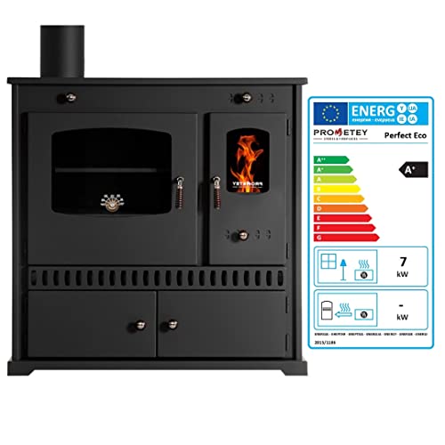 Prometey EEK A+ Kaminofen mit Backfach und Herdplatte Perfect Eco Schwarz Rechts Holzofen 7 kW Kamin Ofen Holz Werkstattofen Hüttenofen Heizofen Gartenofen, L von Prometey Ltd.