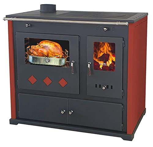 Kaminofen mit Backfach und Herdplatte Pracktik Lux Rot LINKS Holzofen 9,5 kW Kamin Ofen Dauerbrandofen Werkstattofen Schwedenofen Hüttenofen Heizofen von Prometey