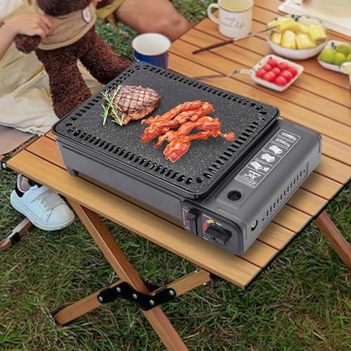 2 in 1 Tragbarer Campingkocher, Camping Gasgrill Set mit Grillnetz & Ölwanne & Lebensmittelklammer, Tischgrill Balkon-Grill Koffer Gas Grill für Camping Reisen Trekking 2 in 1 Tragbarer Campingkocher, Camping Gasgrill Set mit Grillnetz & Ölwanne & Lebensmittelklammer, Tischgrill Balkon-Grill Koffer Gas Grill für Camping Reisen Trekking von PromiseFly