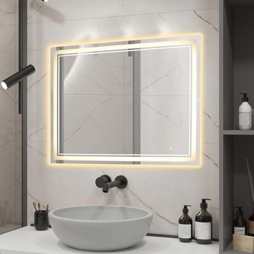 PromiseFly Badspiegel mit Beleuchtung 90×70CM LED Badezimmerspiegel 3000-6000K Einstellbares IPX4 Memory-Funktion Led Spiegel Bad Beleuchteter Kosmetikspiegel [Energieklasse E++] von PromiseFly