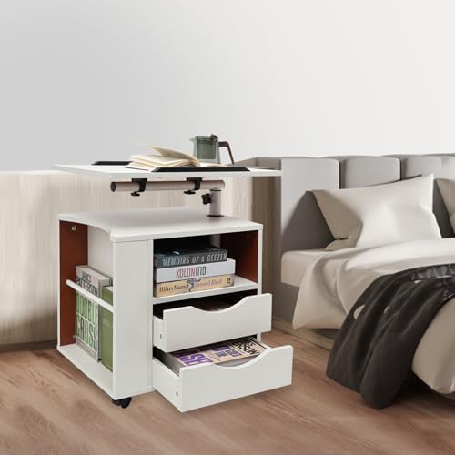 PromiseFly Nachttisch mit schwenkbarem Regal 70-90cm höheverstellbar Schlafzimmermöbel Kommode mit Schublade Aufbewahrungsschrank Mobiler Beistelltisch Laptoptisch 50×40×46CM von PromiseFly