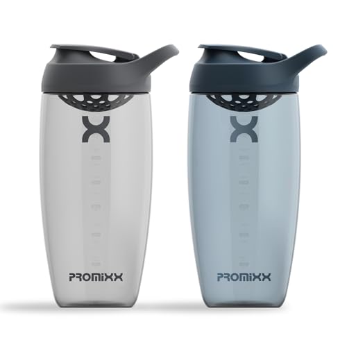 Promixx PURSUIT Protein-Shaker-Flasche 2er-Pack – Premium Protein Shaker Bottle – Langlebiger, Auslaufsicherer, Geruchsneutraler Shaker Becher – Mitternachtsblau, Graphitgrau, 700ml von Promixx