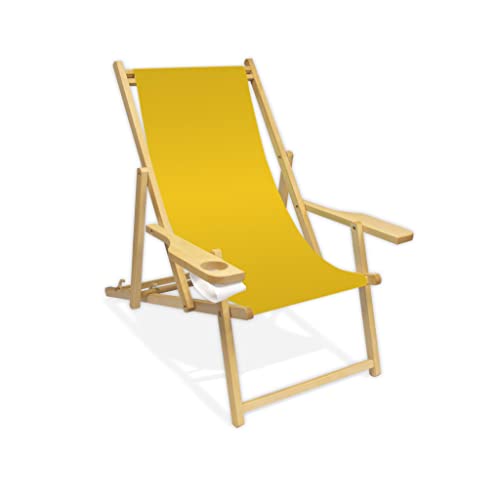 Holz-Liegestuhl mit Armlehne und Getränkehalter, Klappbar, Wechselbezug (Gelb) von Promo Trade