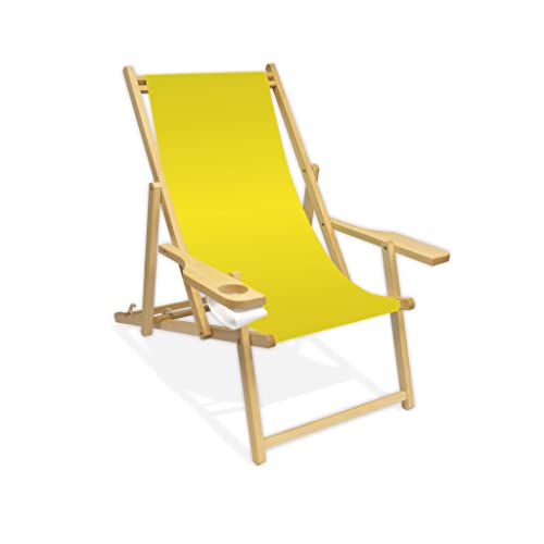 Holz-Liegestuhl mit Armlehne und Getränkehalter, Klappbar, Wechselbezug (Gelb (Zitronengelb)) von Promo Trade