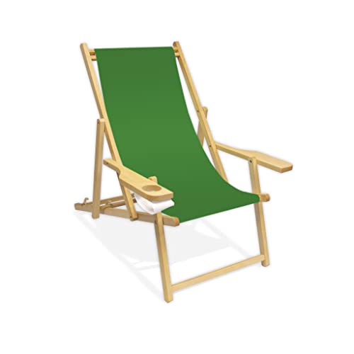 Holz-Liegestuhl mit Armlehne und Getränkehalter, Klappbar, Wechselbezug (Grasgrün) von Promo Trade
