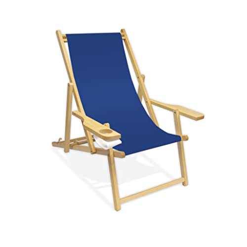 Holz-Liegestuhl mit Armlehne und Getränkehalter, Klappbar, Wechselbezug (Königsblau) von Promo Trade