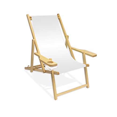Holz-Liegestuhl mit Armlehne und Getränkehalter, Klappbar, Wechselbezug (Weiß) von Promo Trade