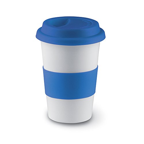 Keramikbecher mit Silikon-Deckel und einem Silikon-Band um die Hände vor der Hitze zu schützen, blau von PromotionGift