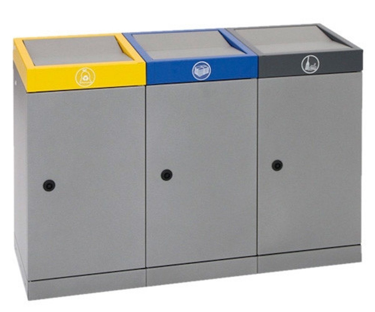 PROREGAL® Mülltrennsystem Abfallsammler Doppel-Schwingdeckel 3x70L HxB 85x121cm Gelb/Blau/Grau von PROREGAL®