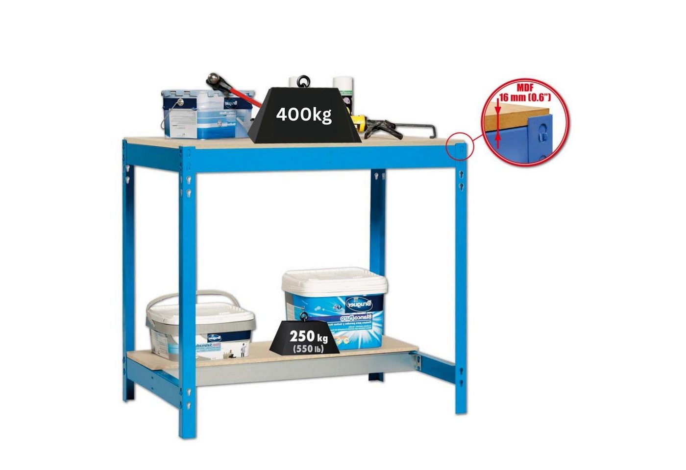 PROREGAL® Werkbank Werkbank Buffalo, HxBxT 84x90x61cm, Traglast 600kg, Blau, (3 verschiedene Größen (HxBxT 84 x 90/120/150 x 61/76/76cm), Traglast 600kg, verschiedene Farben), Höhen der Einlegeböden lassen sich im Raster von 3,8 cm anpassen von PROREGAL®