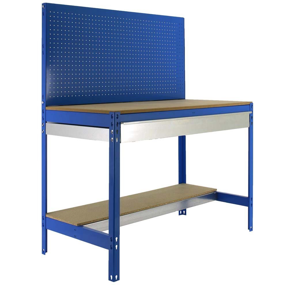 PROREGAL® Werkbank Werkbank Buffalo, Werkzeugwand und Schubfach, HxBxT 84x120x61cm, Blau, (3 verschiedene Größen (HxBxT 144,5 x 90/120/150 x 61 cm), Traglast 600kg, Verschiedene Farben) von PROREGAL®