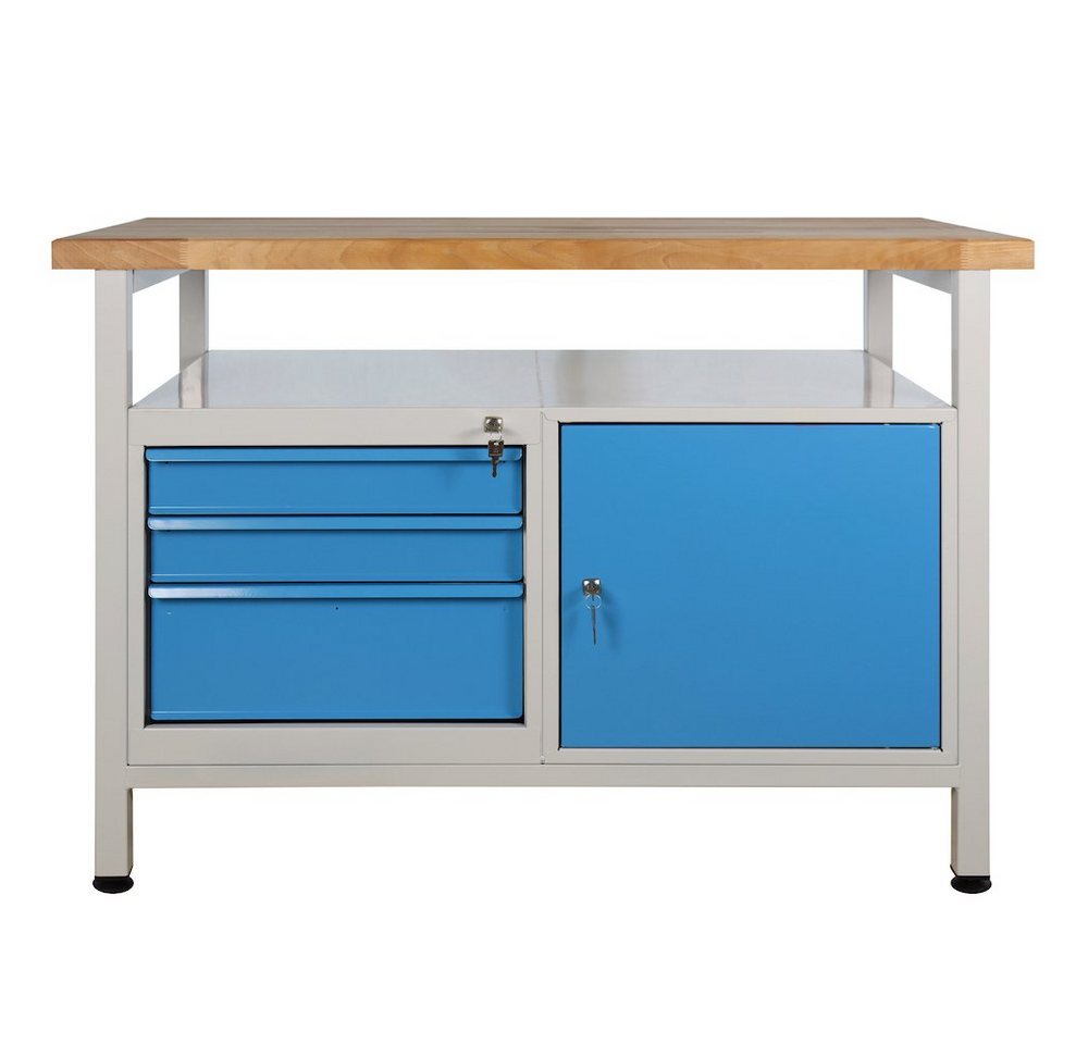 PROREGAL® Werkbank Werkbank Rhino mit Ablagefläche + 3 Schubladen + 1 Tür, Grau/Blau von PROREGAL®