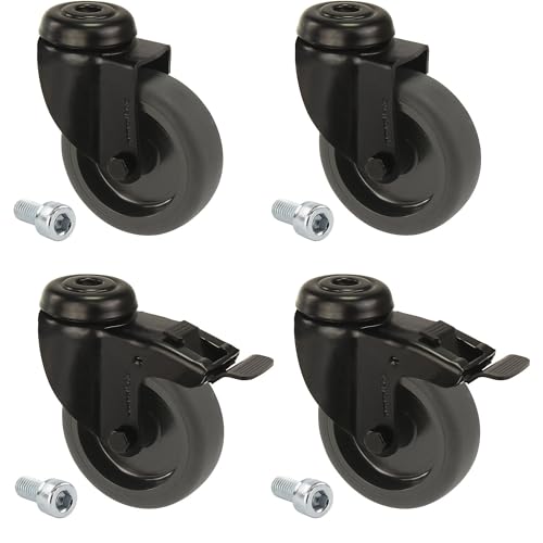 Proroll | Gummireifen schwarz | thermoplastisch | mit Rückenloch | Set-Angebot | 4 Lenkrollen | davon 2 mit Doppelstopp | Rad-Ø x Breite 75 x 23 mm von Proroll