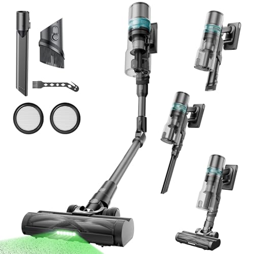 Proscenic P16 Staubsauger Kabellos Flexibel, 550W 50Kpa 65Min Akku Staubsauger mit Knickrohr Touchscreen Grün Licht Anti-Tangle, Kabelloser Staubsauger für Teppich Hartböden Haustierhaare Auto, Grau von Proscenic
