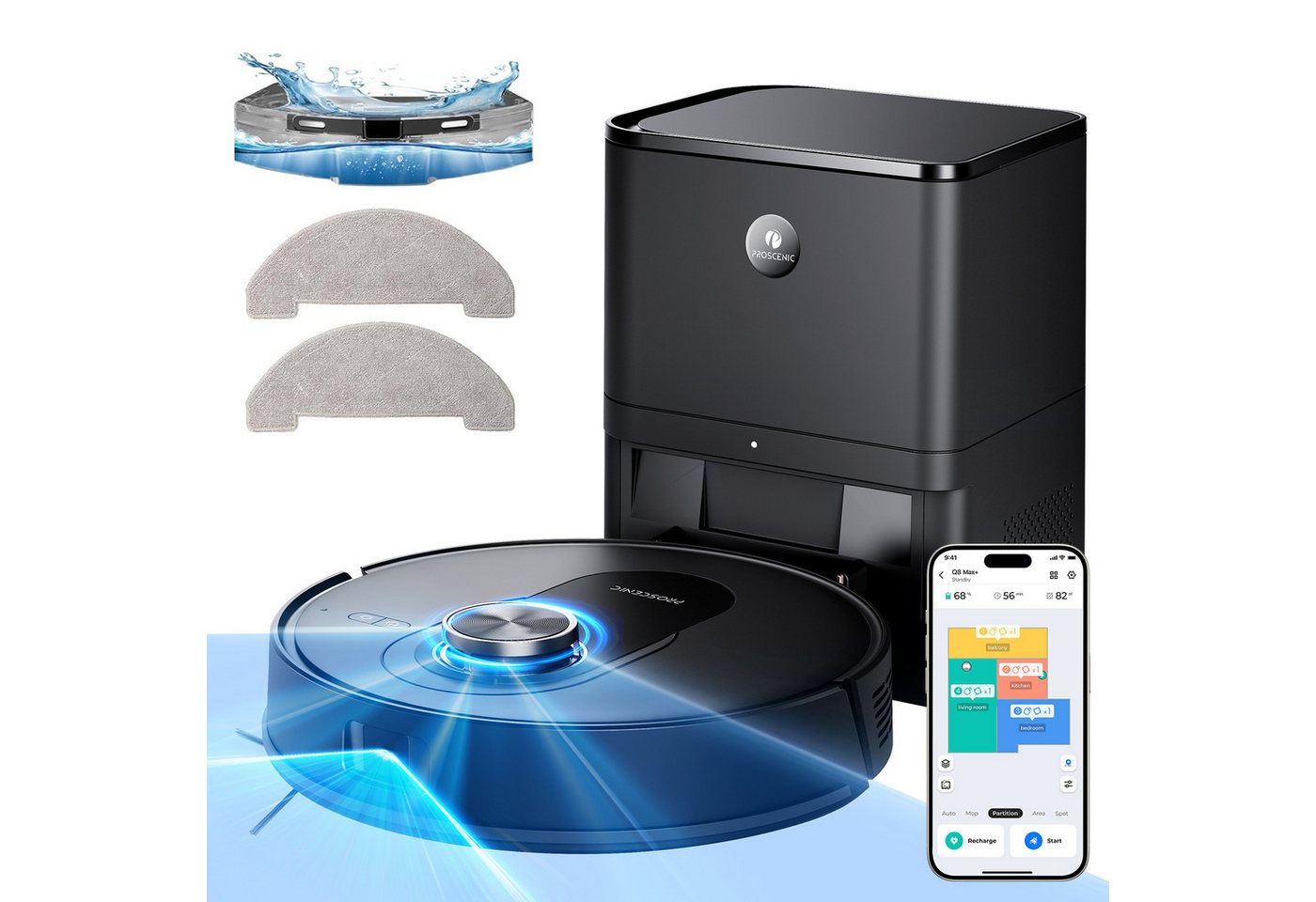 Proscenic Saugroboter Q8 MAX+ 8000Pa, 200 Min, 3L Staubbeutel, Selbstentleerungsstation,64dB, mit Beutel, bis zu 60 Tage Wartungsfrei, Selbstreinigungsfunktion, Appsteuerung (Upgrade von Q8/Q8 MAX) von Proscenic