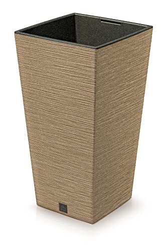 Prosperplast 2in1 Blumentopf mit Innenkübel Pflanzentopf Übertopf Pflanzentopf Kunststoff Holz Meißel Optik 26,5 cm x 26,5 cm x 50 cm (Braun) von Prosperplast