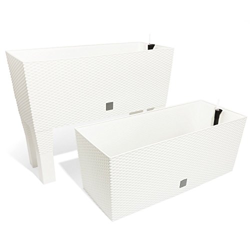 Prosperplast 2er Set 30L Blumenkasten Pflanzkübel mit Bewässerungssystem Rattan Optik Weiss Füßen von Prosperplast