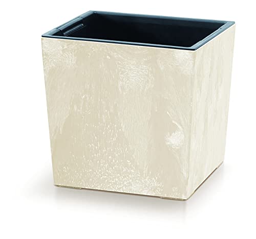 Prosperplast 2in1 Blumentopf mit Einsatz Pflanzkübel Kräutertopf Blumenkübel Beton Optik Kunststoff 24 cm x 24 cm x 23,5 cm (Creme) von Prosperplast