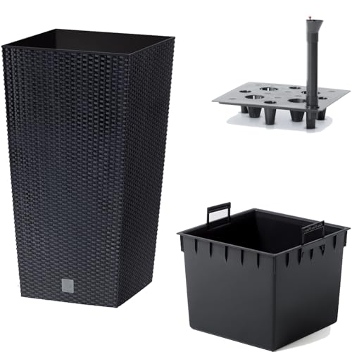 Prosperplast Blumentopf in Rattan-Optik mit Einsatz und Bewässerungssystem | anthrazit | wetterfest & UV-beständig | aus robustem Kunststoff | für Innen- und Außenbereich | 26,5 x 26,5 x 50 cm von Prosperplast