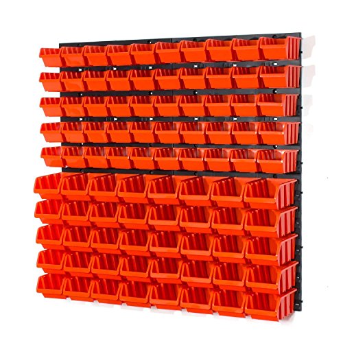 Prosperplast Lager Wandregal Lagerregal, 50 Stapelboxen Orange Gr. 1 POP Serie, 40 Stapelboxen Orange Gr. 2 POP Serie, 6 Wandplatten + Haken von Prosperplast
