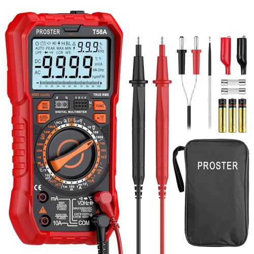 Proster Digital Multimeter Tester - TRMS 9999 Counts Manuelles Messbereich Multimeter mit DC/AC Spannung/Strom Peak NCV Kontinuität Kapazität Temperatur mit Messleitungen von Proster