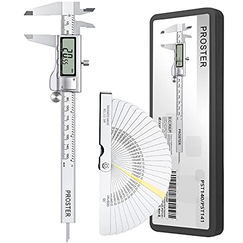 Proster Digitaler Messschieber 6Zoll/150mm + 32 Fühlerlehre Digital Schieblehre Elektronischer Meßschieber Zoll/Fraktionen/Metrisch Messschieber für Länge Breite Tiefe Innen-/ Außendurchmesser von Proster